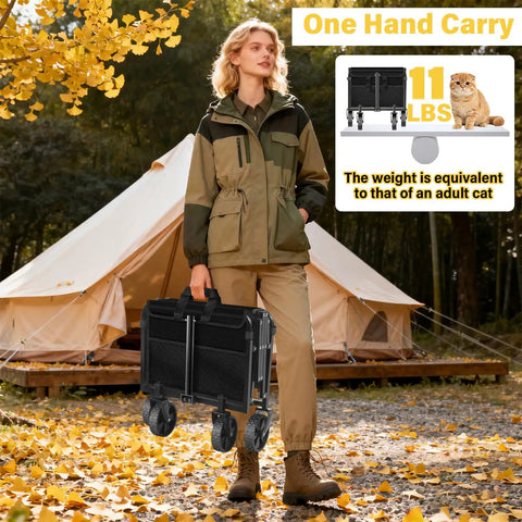 Person holding All Terrain Folding Utility Wagon With Wheels For Groceries Moving Sports And Garden Collapsible Cart in front of a tent