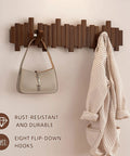 Natural Walnut Wooden Piano Coat Rack Wall Mounted With Eight Heavy Duty Flip Down Hooks For Coats Bags And Keys Space Saving Entryway Stand with hook and bag.