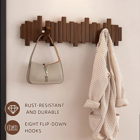 Natural Walnut Wooden Piano Coat Rack Wall Mounted With Eight Heavy Duty Flip Down Hooks For Coats Bags And Keys Space Saving Entryway Stand with hook and bag.