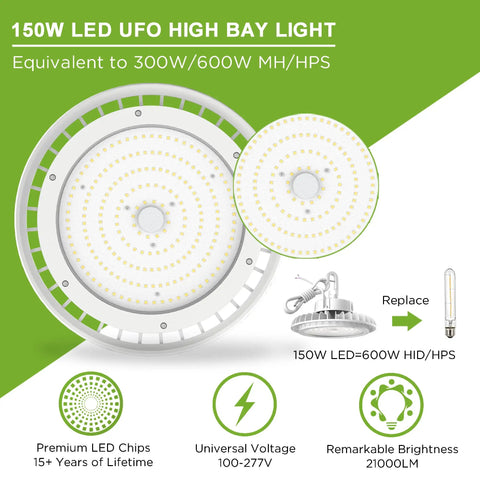 150W LED High Bay Light Hella Bright For Warehouses And Gyms IP65 Wet Location Dimmable 1-10V 21000 Lumens 5000K White