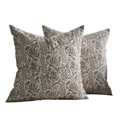 Floral Pillow Covers 18x18 Set Of 2, Neutral Vintage Block Print Cotton Cushion Covers For Sofa Bed And Living Room, front view