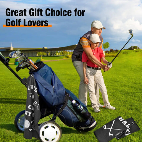 Golf course scene with Premium Golf Towel Gift For Men And Golf Dudes With Clip Microfiber Cleaning Cloth attached to a golf bag.
