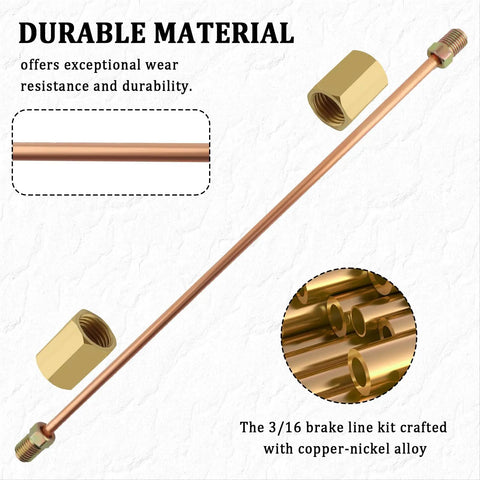 Three Sixteenth Inch Copper Nickel Brake Line Kit With Fittings And Union Couplings, Sixteen Inch Rear Brake Lines For Easy DIY Replacement, Universal Three Sixteenth Brake Line Fittings For Cars And Trucks, Includes Two Couplings And Three Pipes. 3/16 copper-nickel brake line with fittings