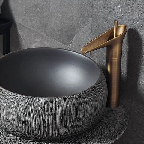 No Cap Top Tier Handmade Ceramic Vessel Bathroom Sink Set With Heavy Duty Pedestal Base And Included Faucet Hardware For Indoor Outdoor Makeover Built Tough And Super Clean Aesthetic featuring dark ceramic bowl and stylish faucet.