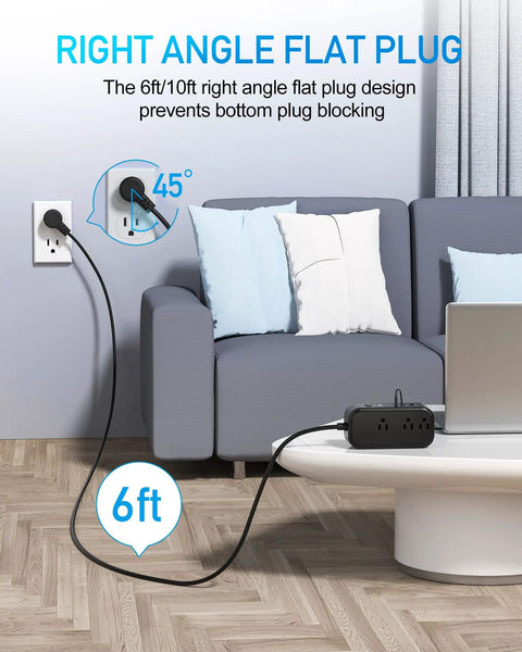 On-The-Go 9-In-1 PD 65W USB-C Power Strip With 6 AC Outlets shown with a flat plug behind a sofa at a 45-degree angle.