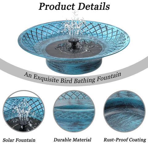 Solar Powered Bird Bath Fountain For Outdoors 12.6 Inch Hummingbird Bath with Quiet Pump in blue, showing water feature.