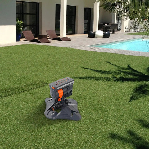 Oscillating Sprinkler Irrigator For Outdoor Watering System Adjustable Nozzle Delivers Even Coverage On Lawn Beside Pool