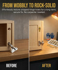 Before and after using Door Hinge Repair Kit With 6x14mm Expansion Screws And High-Grip Wood Anchors on a cabinet door.