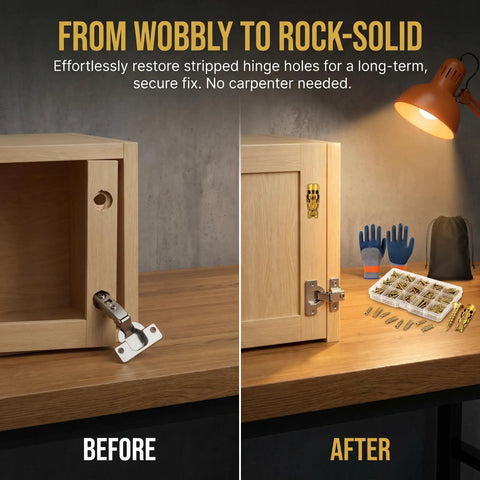 Before and after using Door Hinge Repair Kit With 6x14mm Expansion Screws And High-Grip Wood Anchors on a cabinet door.