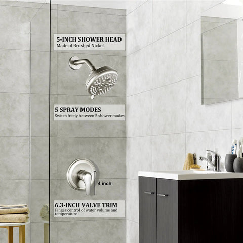 Straight Up Brushed Nickel Shower System With Quick Install In Wall Pressure Balance Valve And Massive Five Inch Five Spray Head Single Handle Bath Trim Kit No Tub Spout Needed