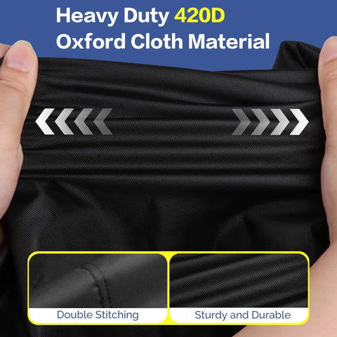 Close-up of black Heavy Duty Waterproof Golf Cart Cover showcasing 420D Oxford cloth material and double stitching.