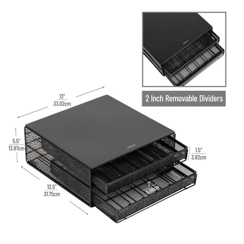 Two Drawer Coffee Pod Organizer With Removable Dividers Fits Up To 72 Pods Or Mix Of Pods And Office Essentials, Metal Mesh Base
