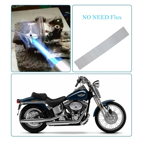 Image showing 30 Aluminum Welding Rods No Flux One Sixteenth Inch Diameter 13 Inch Length Low Temperature Brazing For Aluminum And Alloys Repair For Cars Frames Motorcycles Wheels Furniture Lighting Easy Fix, with welding on a part and a motorcycle.