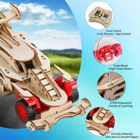 Awesome Remote Control F1 Car STEM Kit For Kids Aged 8 To 14, wooden car with remote, turbo boost, and engineering features.