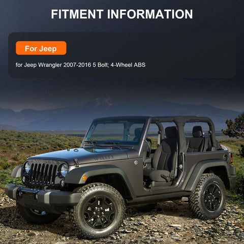 Jeep Wrangler 2007-2016 on rocky landscape highlighting fitment for Premium Front Wheel Hub Bearing Assembly For 2007 2008 2009 2010 Jeep Wrangler 5 Bolt, 4 Wheel ABS - OE 513272, DIY Kit With Pre-Greased Bearings, Seals, And Step-By-Step Install Guide For Quick 90 Minute Install