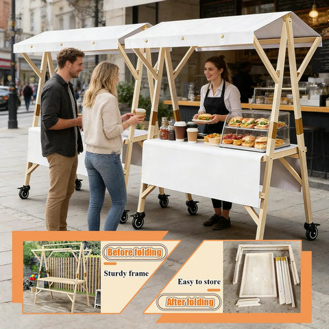 Portable Farmers Market Stand With Foldable Canopy On Wheels shown in street setup with wooden frame and food items displayed