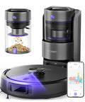 Upgraded Bagless Self Emptying Robot Vacuum And Mop With 6000Pa Suction LiDAR Navigation Smart Mapping Scheduling App And Alexa Control For Carpet And Pet Hair Q20 Ultra, showcasing vacuum and dust container.