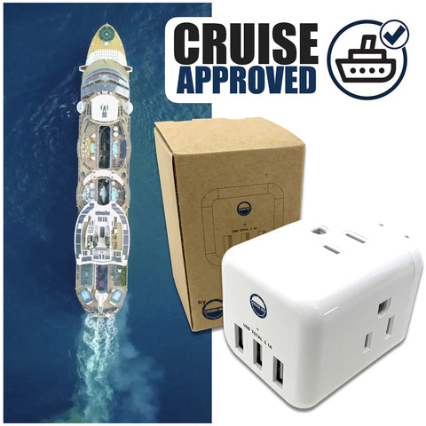 Cruise Approved Non Surge Power Strip With Six Outlets And Three USB Ports And Three AC Sockets, packaging and product view