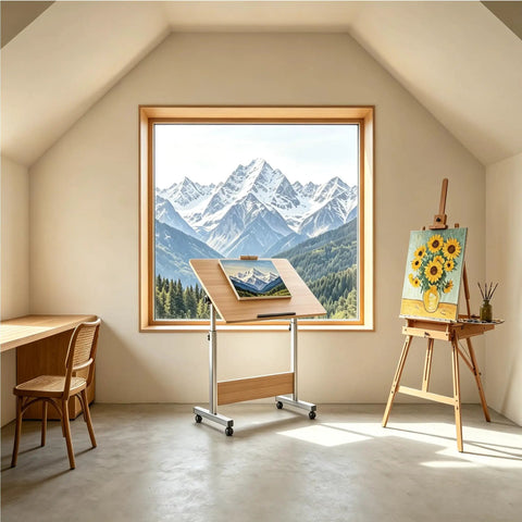 Rolling Laptop Standing Desk With Adjustable Tilting Tabletop And Smooth Locking Casters Lightweight Foldable Computer Workstation set in a bright room.