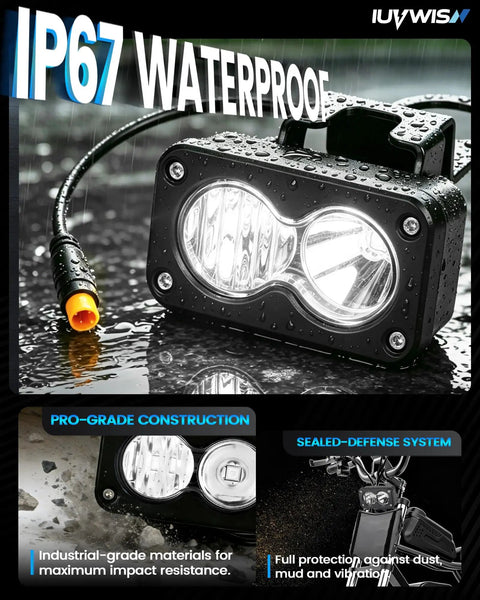 Headlight Kit 20W 6000K to 6500K Led Light Bar for Ridstar Q20 Ebike front light with waterproof IP67 design in rain.