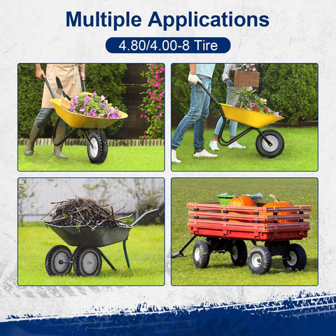 Multiple applications of 4.80/4.00-8 Flat Free Tire And Wheel With Grease Fitting on garden carts and utility wagons