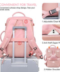 Back view of Women Travel Backpack Your Go To Airline Approved Carry On Waterproof Hiking Bag With 16 Inch Laptop Compartment And Overnight Pink Lightweight Durable Day Pack For Weekend Getaways showing adjustable straps and suitcase strap.