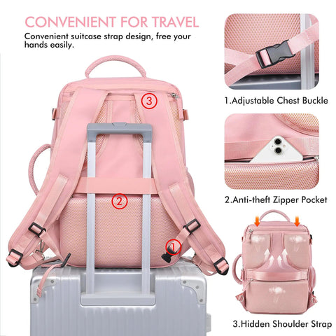 Back view of Women Travel Backpack Your Go To Airline Approved Carry On Waterproof Hiking Bag With 16 Inch Laptop Compartment And Overnight Pink Lightweight Durable Day Pack For Weekend Getaways showing adjustable straps and suitcase strap.
