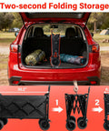 Collapsible Wagon Cart Foldable 600Lbs Heavy Duty Utility Wagon with easy storage in car trunk, folding steps shown.