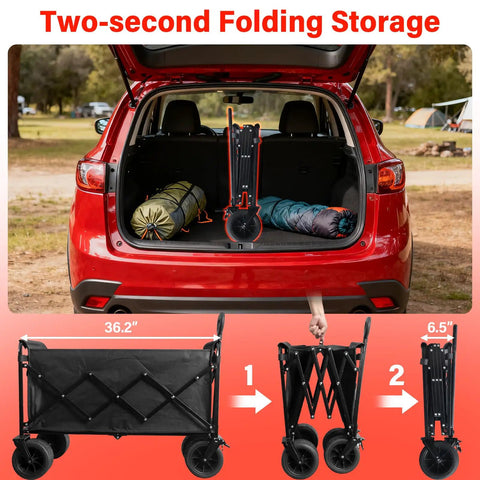 Collapsible Wagon Cart Foldable 600Lbs Heavy Duty Utility Wagon with easy storage in car trunk, folding steps shown.