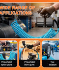 Heavy Duty 1/4 Inch X 25 Foot Blue Coiled Air Hose Quick Connect Coupler in use with pneumatic spray and blow guns and tire inflator.