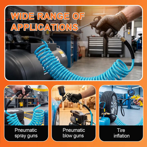 Heavy Duty 1/4 Inch X 25 Foot Blue Coiled Air Hose Quick Connect Coupler in use with pneumatic spray and blow guns and tire inflator.