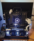 Open Frame PC Test Bench Rig With Aluminum Chassis For DIY Builds Fits ITX MATX ATX Motherboards Holds 2 HDD And 2 SSD Vertical Liquid Cooling Ready Perfect For Overclocking And Custom Rig Building showing GPU and cables.