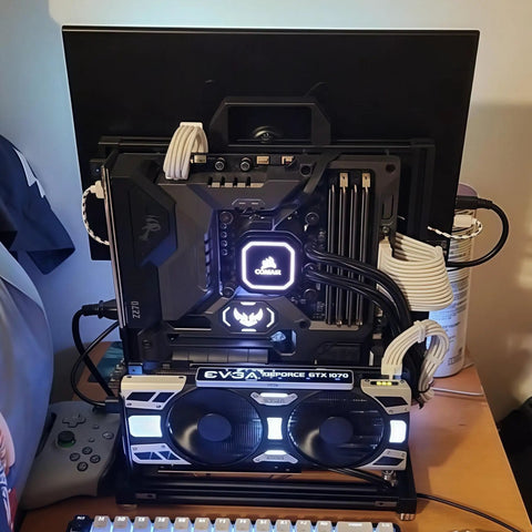 Open Frame PC Test Bench Rig With Aluminum Chassis For DIY Builds Fits ITX MATX ATX Motherboards Holds 2 HDD And 2 SSD Vertical Liquid Cooling Ready Perfect For Overclocking And Custom Rig Building showing GPU and cables.