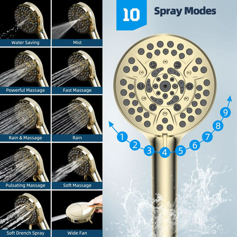 All Metal CUPC Certified Shower Head Combo With 10 Inch Rainfall Head And Polished Brass Handheld Showerhead showing 10 spray settings