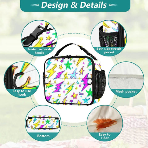 Colorful Lightning Bolt Insulated Lunch Bag With Shoulder Straps For Office School And Travel Your Go To Cooler That Keeps Meals Fresh In A Spacious Main Compartment With Two Side Mesh Pockets Durable Polyester Tote For Kids Women And Men. Insulated polyester lunch bag with strap, side mesh pockets, hook, and easy-clean bottom