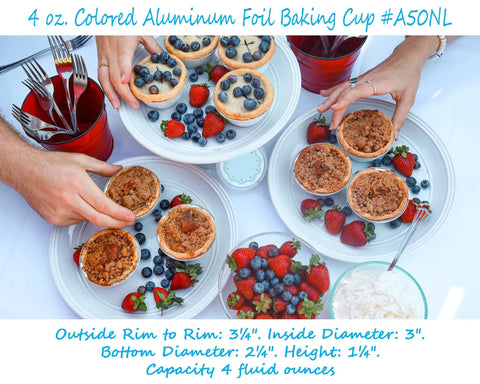 Disposable Colored Aluminum Baking Cups With Lids, 4 Ounce Capacity, Black Exterior With Gold Interior, serving desserts on plates