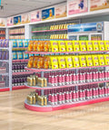 Heavy Duty Double Sided Four Tier Retail Display Rack Space Saving Commercial Shelving Unit For Grocery Stores showcasing organized beverages and snacks.