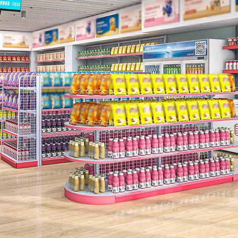 Heavy Duty Double Sided Four Tier Retail Display Rack Space Saving Commercial Shelving Unit For Grocery Stores showcasing organized beverages and snacks.