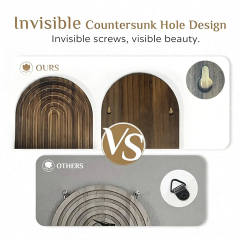Set Of Two Boho Floating Wall Shelves For Cool Room Vibes And Rustic Display Space Featuring Dead Easy Mounting And Premium Solid Craftsmanship To Truly Level Up Your Decor Game, showing countersunk design comparison.