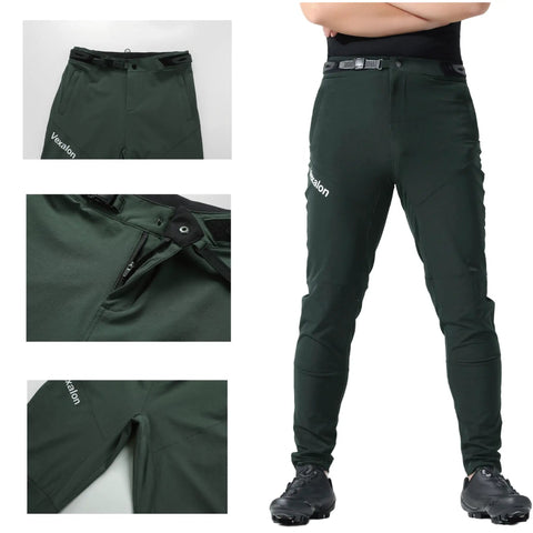 Baggy Quick Dry Mountain Bike Pants For Men With Stretch Nylon Spandex, Army Green, Size 34, focus on waistband and reinforced knees.