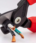 StepCut Cable Shears 6.25 Inch With Insulated Grips For Copper And Aluminum Multicore Wire cutting black cable close-up.