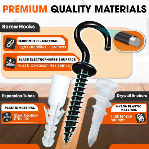 Heavy Duty Screw Hooks With Self Drilling Drywall Anchors Kit, 10 Pack With Plastic Expansion Tubes, product materials overview