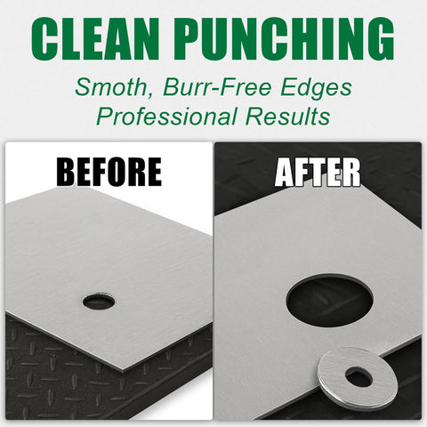 Before and after using Fifteen Ton Heavy Duty Hydraulic Knockout Punch Kit One Half Inch To Four Inch Type D Punch And Die Set