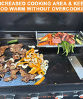 Adjustable Griddle Warming And Cooling Rack For 17 22 28 36 Inch Griddles in use on Blackstone with grilled vegetables and meat