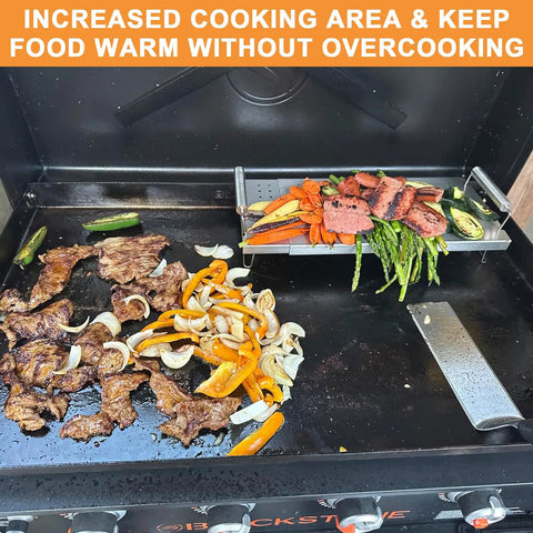 Adjustable Griddle Warming And Cooling Rack For 17 22 28 36 Inch Griddles in use on Blackstone with grilled vegetables and meat
