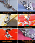 Sewing machine presser feet set, 42 pcs, for low-shank machines; six foot types shown.
