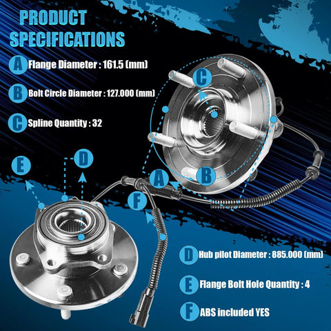 2 Front Wheel Bearing Hubs Replacement For Chrysler Town And Country 2008 Through 2016, Dodge Grand Caravan 2008 Through 2020, Ram CV 2012 Through 2015, And Volkswagen Routan 2009 Through 2014 Front Hub Bearings Set, showing product specifications and design features.