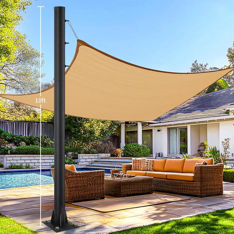 Heavy Duty 10 Ft Shade Pole Kit for Outdoor Shade Sails, Steel 2.4 Inch Diameter Poles with Ground Base for Deck Patio Backyard, Three Ring Sun Shade Poles, Black