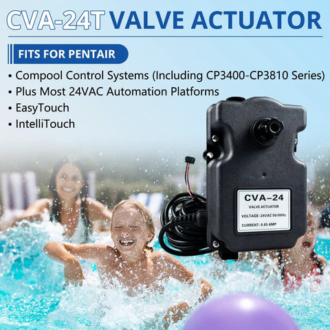Front view of CVA-24T valve actuator; black plastic enclosure, 24VAC, 3-wire, fits Pentair 263045