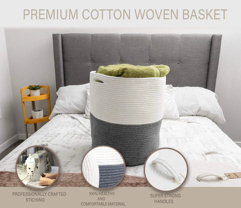 Large Laundry Basket With Lid Tall Woven Cotton Hamper For Blankets Clothes Toys Pillows Towels And Baby Nursery Essentials Dust Proof Storage Bin For Laundry Bathroom Living Room Kitchen shown on bed